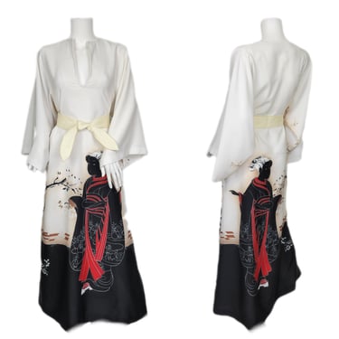 Tori Richards 1970's Geisha Print White Black Poly Caftan Dress I Sz Lrg I Kimono Sleeve 