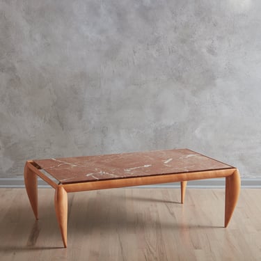 Postmodern Wood Coffee Table with Rosso Alicante Marble Top, 20th Century