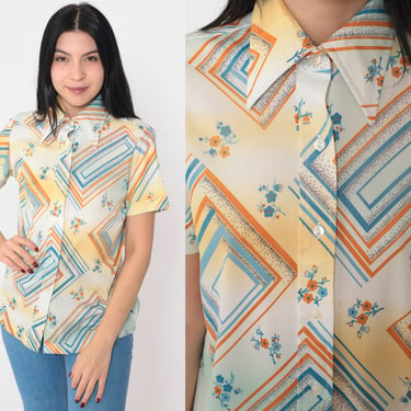 70s Disco Shirt Floral Blouse Boho Button up Top Geometric Rectangle Print Pointed Collar Short Sleeve Yellow Blue Vintage 1970s Small 