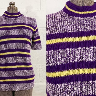 Vintage Short Sleeve Sweater Purple Yellow 70s Striped Stripes Sleeves Knit Mock Neck 1970s Medium Large 