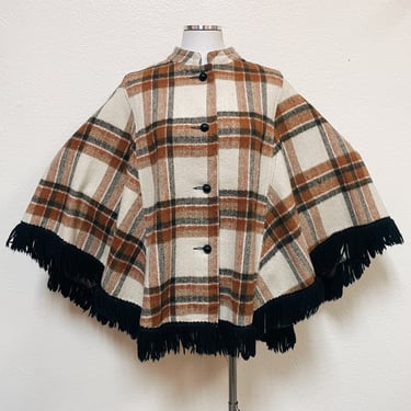 1960s - 1970s Brown & Beige Plaid Button Front Circle Poncho / Cape w Black Yarn Fringe by Miss Malco | Vintage, Mid Century, Retro, Preppy 