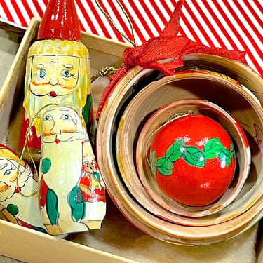VINTAGE: 4pcs - Wooden Santa Clause Ornaments - Hand Painted - Nesting Ball, Bell, Doll Ornaments - SKU Tub-603-00004866 