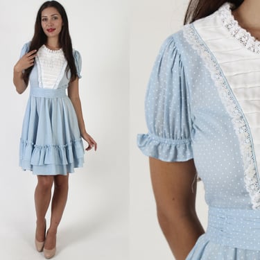 70s Country Western Dress With Belt, White Swiss Dot Print, Square Dance White Lace Full Skirt, Baby Blue Honky Tonk Saloon Sundress 