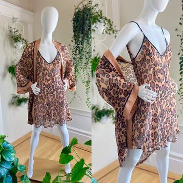 Vintage 1990s Peignoir Set | 90s FREDERICKS OF HOLLYWOOD Silk Leopard Animal Print Sheer Nightie Nightgown Robe Sexy Lingerie (small/medium) 