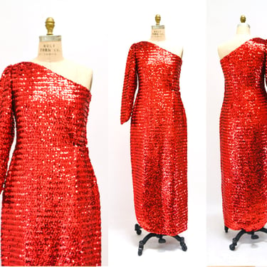 70s Vintage Red Sequin Gown Dress Red Sequin Showgirl One shoulder asymmetrical Dress Small Medium Pageant Jessica Rabbit Princess Costume 