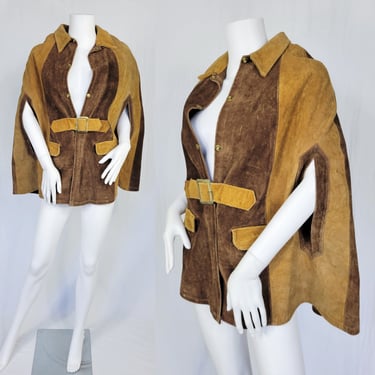 1960's 2 Tone Brown Suede Belted Hippie Cape Poncho I Sz Med 