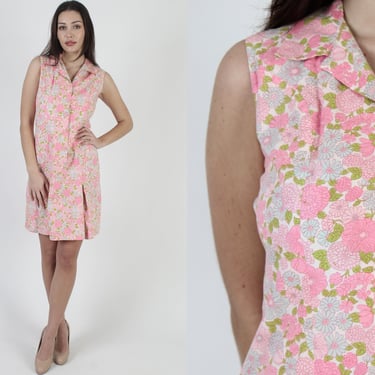 Vintage 70s Garden Floral Dress Mod Day Party Thin Pink Sheath Simple Mini 