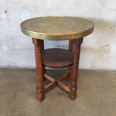 Antique Round Wood Table with Brass Top