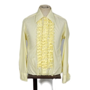 1970's Pale Yellow Ruffled Tuxedo Button Down Shirt I Sz Lrg I C: 46" I Lion of Troy 