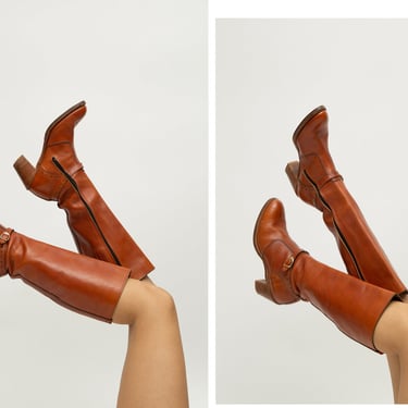 Vintage 1970s 70s Rich Tan Caramel Leather Knee High Boots // Campus Boot Zip Up Dingo Brand 