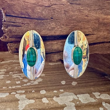 MALACHITE UFO Flying Saucer Sterling Silver Stud Earrings | GW Hallmark | .925 | Navajo, Native American Southwestern Jewelry 