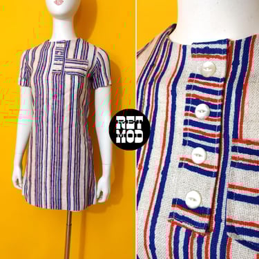 NWOT Vintage 60s 70s Blue Red Stripe Linen Mod Mini Dress 
