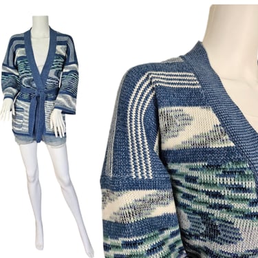 1970's Blue White Acrylic Space Dye Knit Yarn Wrap Sweater I Sz Med I Emporium 