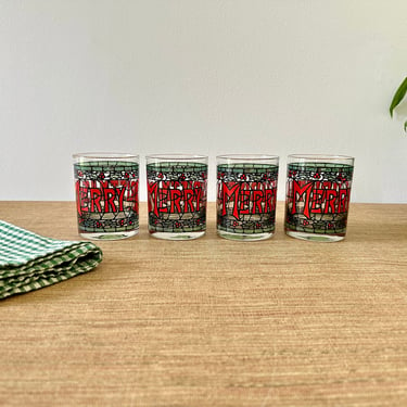 Vintage Merry Christmas Double Old Fashioned Glasses by Cera Glass - Holiday Barware - Set of 4 