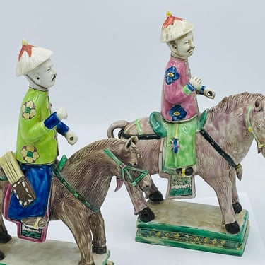 RARE Antique Pair of Glazed Bisquit - Rose-Verte  Equestrian Chinese Export 1800's 