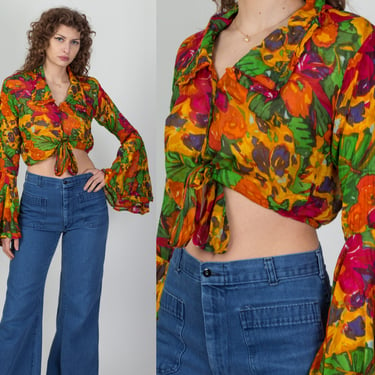 70s 80s Gauzy Floral Angel Sleeve Top - Large | Vintage Colorful Boho Button Up Flowy Blouse 