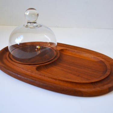 Vintage Mid-Century Danish Modern Teak Cheese Serving Board with Glass Dome by Dansk 
