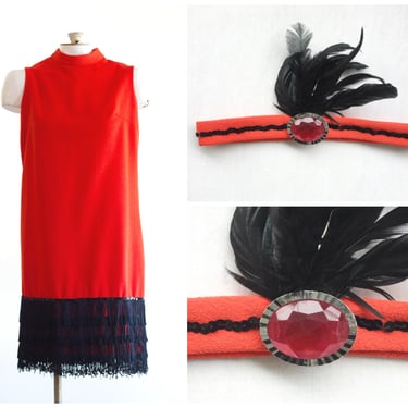 1960s does 20s flapper costume with black fringe and sequin skirt with matching headband 