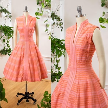 Vintage 1960s Sundress | 60s SUZY PERETTE Striped Cotton Pink Orange Fit and Flare Summer Tea Day Dress | x-small/small 