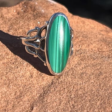 Kabana ~ Vintage Sterling Silver and Green Malachite Stone Long Oval Ring - Size 8.5 