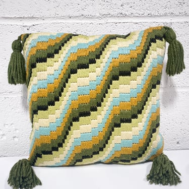 Vintage Green Woven Pillow with Tassels