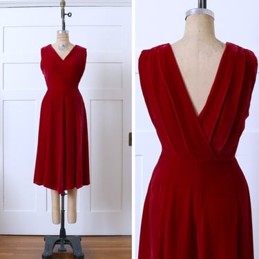 lush cranberry red velvet dress • sleeveless draped rayon velveteen 1940s style dresss 