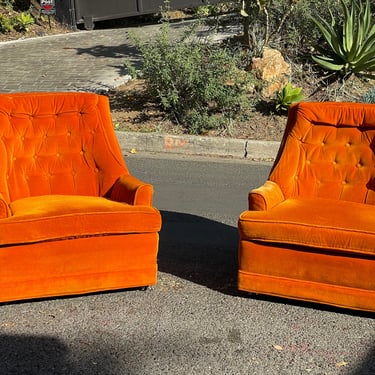 Mid-Century 70s Orange Velvet Club Chairs 