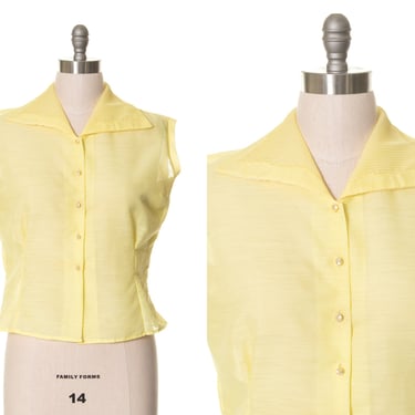 Vintage 1960s Blouse | 60s Pastel Yellow Sleeveless Button Up Top (x-large) 
