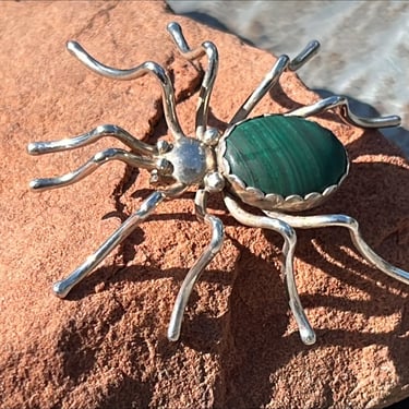 E. Spencer ~ Navajo Large Sterling Silver and Green Malachite Stone Spider Pin / Brooch 