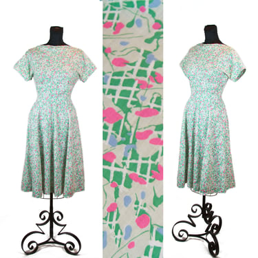 Vintage 1940s Dress ~ 1950s Dress ~ Abstract Green Pink Plaid Cotton Dress 