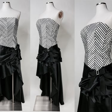 Y2K Black & White Striped Satin Drop Waist Tube Top Prom Dress w Rhinestone Bow by Jessica McClintock for Gunne Sax | Vintage, 1990s, 2000s 