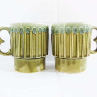 Vintage 70s Mug Set 2 - 1970s Mint Green Dripware Japan Coffee Mugs - Retro Bohemian Home Kitchen - Best Friend Gift 