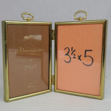 Vintage Hinged Double Picture Frame - Top Loops - Gold Tone Metal w/ Glass - Holds Two 3 1/2