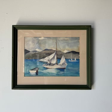 1970's Vintage Watercolor Fishing Boat Nautical Landscape Painting, Framed 