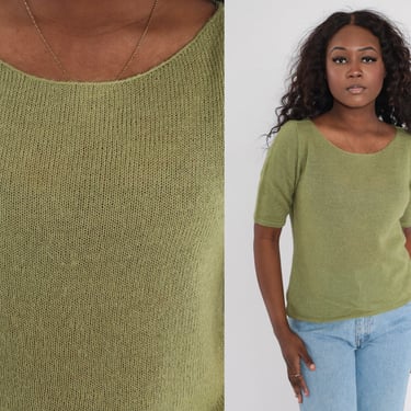 Olive Mohair Sweater Green Knit Shirt Short Sleeve Sweater Top 00s Plain Retro Short Sleeve Y2K Semi-Sheer Lightweight Plain Medium Large 