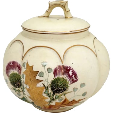 1880's Antique American Hampshire James Scholly Taft Pottery Gilt Thistle Biscuit Jar 