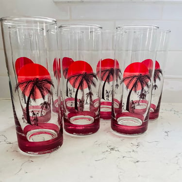 Set of 8 of 1970s Panache Red-Pink Sunset High Cocktail Ball Vintage Tumbler Glasses -Tom Collins Glasses by LeChalet