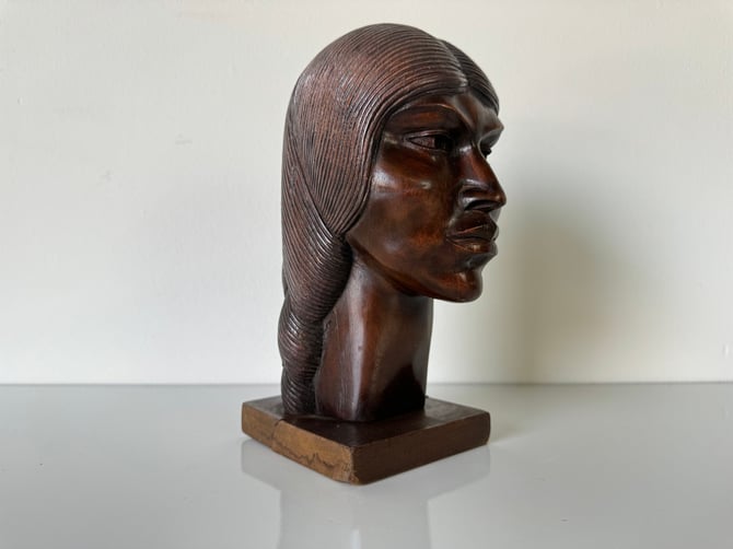 Mid Century Modern hot Wood Sculpture, Woman Bust Statue Vintage, Atomchicago