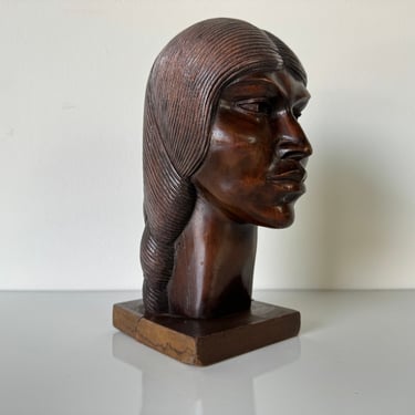 Vintage Art Hand Carved Wood Woman Bust Sculpture 