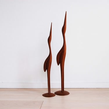 Pair of Mid Century Modern Sculpted Teak Wood Crane Bird Figures Home Decor 