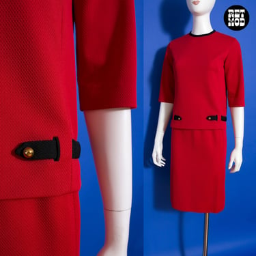 Classy Vintage 60s Red Two-Piece Mod Skirt Set with Black Trim 