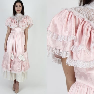 80s Gunne Sax Pink Satin Maxi Dress / High Neck Victorian Full Skirt Dress / Edwardian Western Saloon Prom Wedding Gown 