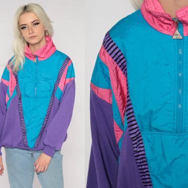 80s Color Block Windbreaker Sweatshirt Blue Purple Pink Striped Pullover Shell Jacket Half Zip Up 1980s Neon Warm Up Streetwear Large L 