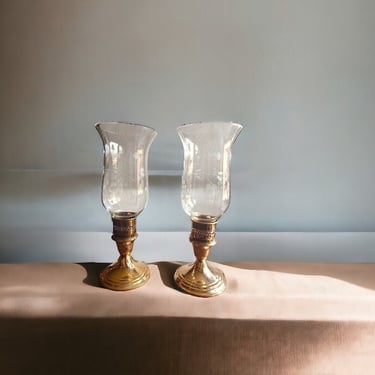 VINTAGE Gorham brass candlesticks featuring intricate etched glass chimneys Rare Gorham brass candle holders with etched glass chimneys 