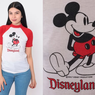 Vintage Disneyland Shirt 80s Mickey Mouse Raglan Tee Walt Disney Cartoon Graphic Baseball T-Shirt Nostalgia White Red Single Stitch 1980s XS 