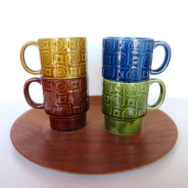 Vintage Stacking Ceramic Mugs, 1970s Retro Geometric Pattern Coffee Cups From Japan 