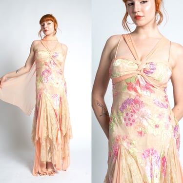 Vintage 2000s Dress / Y2K Diane Freis Silk and Lace Floral Gown / Peach Pink ( S M ) 