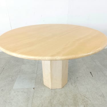 Round italian travertine dining table 1970s - italian stone dining table - round dining table - marble table - vintage dining table 