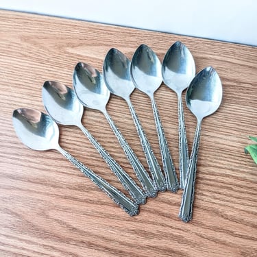 7 Vintage Cherie Stainless by Oneida Deluxe Oval Soup Place Spoons/ Flatware/ Replacement Utensils / Discontinued/ Hollywood Regency 
