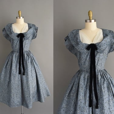 1950s vintage dress | Gorgeous Blue & Black Floral Sweeping Full Skirt Party Dress | Large | 50s dress 